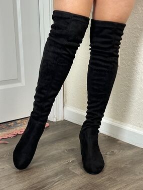 Over-the-Knee Black Stretch Suede Boots - Women
